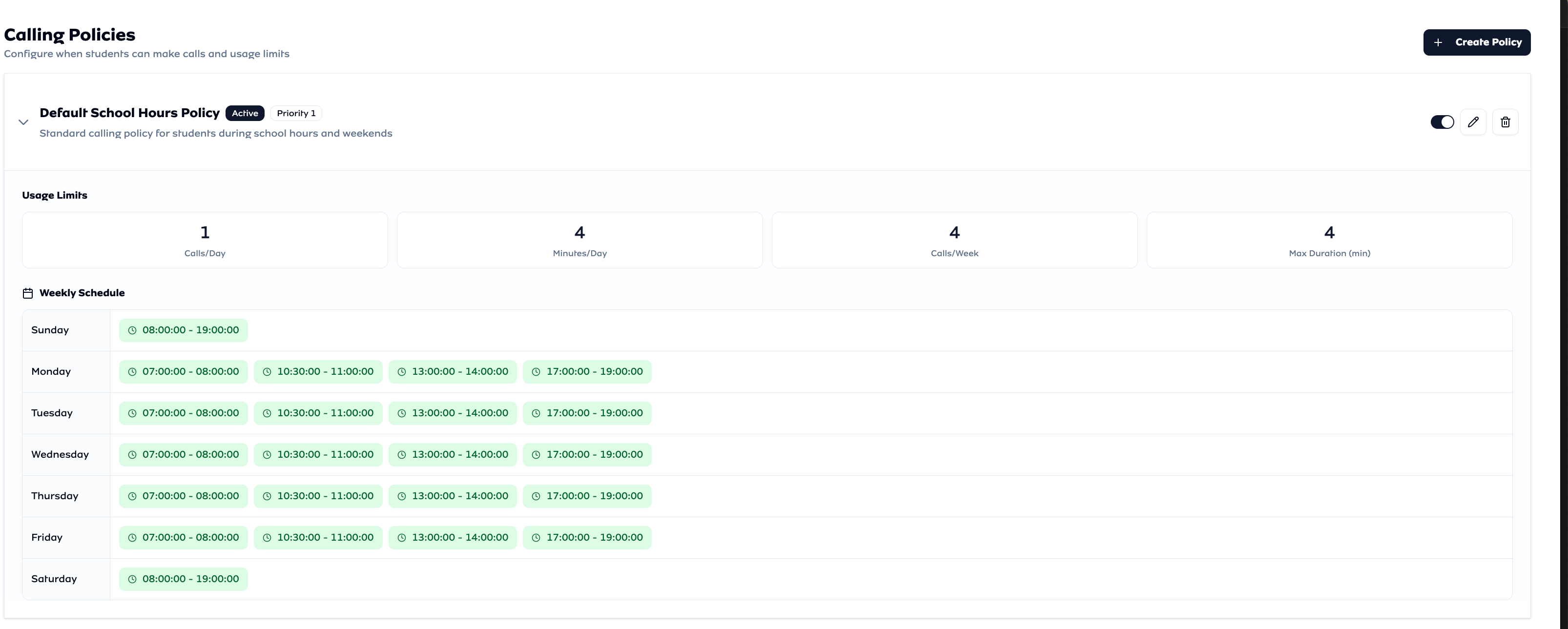 Calling policy management interface